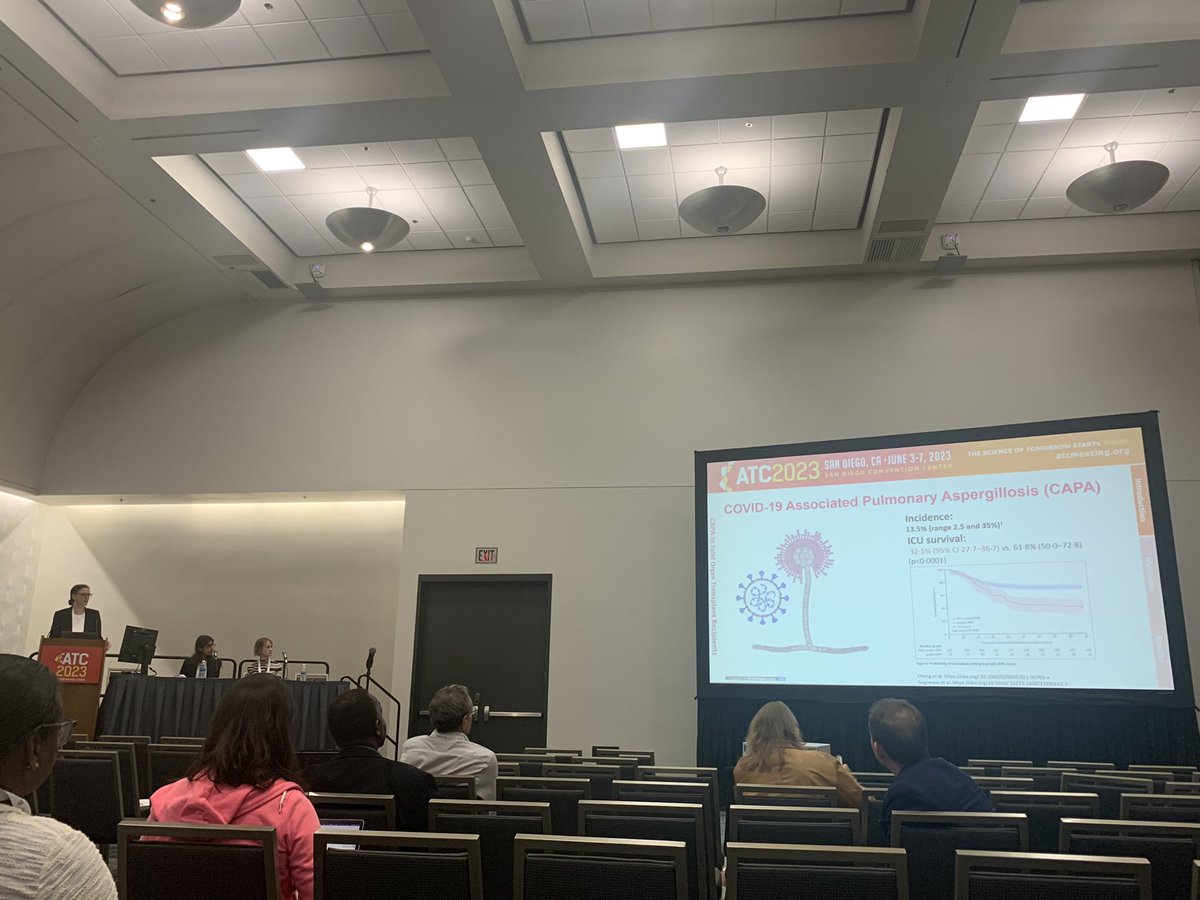 🚨🚨📢📢Trainee oral abstract by #TxID fellow Dr. Laura Walti from @UHN presenting on COVID-19 Associated Pulmonary Aspergillosis (CAPA) among SOT recipients in the ICU #ATC2023 #ATC2023SanDiego @shwetanjan @NatoriYoichiro @shahidh80523771