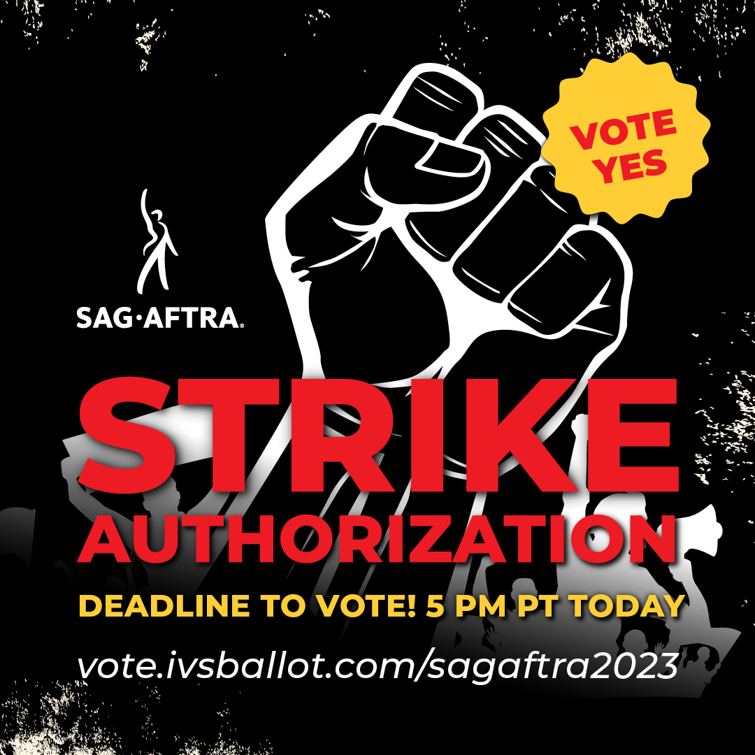 sagaftra's tweet image. 1 HOUR LEFT TO VOTE YES FOR A STRIKE AUTHORIZATION! #SAGAFTRAstrong

Thank you to Adam Shapiro of Shappy&apos;s Pretzels for bringing pretzels to our phone bank #sagaftramember volunteers! 

VOTE NOW! sagaftra.org/contracts2023