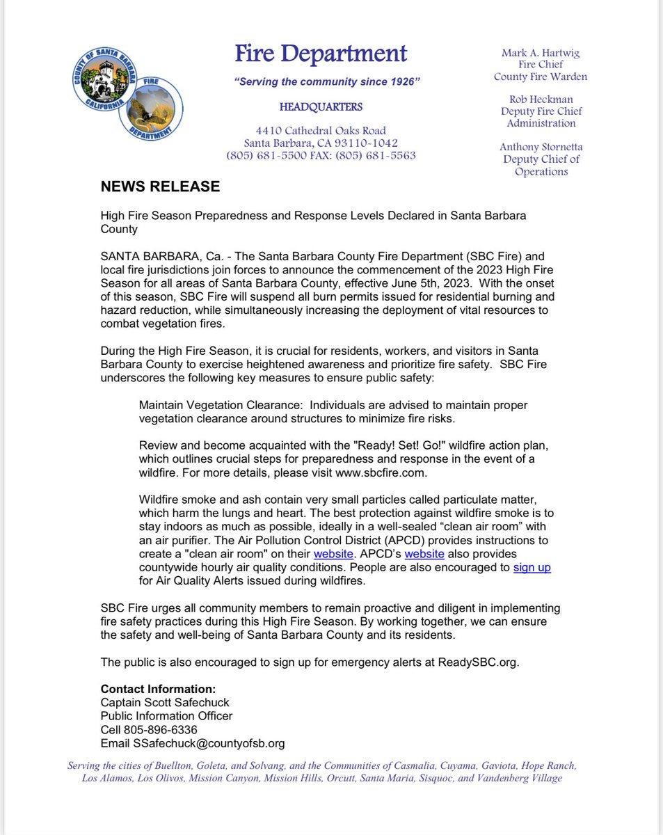 SBCFireInfo's tweet photo. News Release: Today a collaborative announcement with local politicians and fire chiefs announced Santa Barbara County’s transition to High Fire Season.
#SantaBarbaraCounty
#SantaBarbaraCountyFire https://t.co/tA2blcxgpv