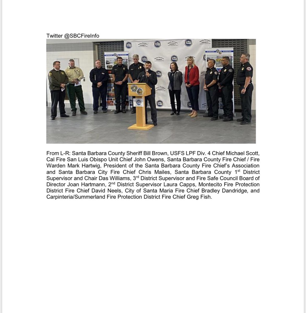 SBCFireInfo's tweet photo. News Release: Today a collaborative announcement with local politicians and fire chiefs announced Santa Barbara County’s transition to High Fire Season.
#SantaBarbaraCounty
#SantaBarbaraCountyFire https://t.co/tA2blcxgpv
