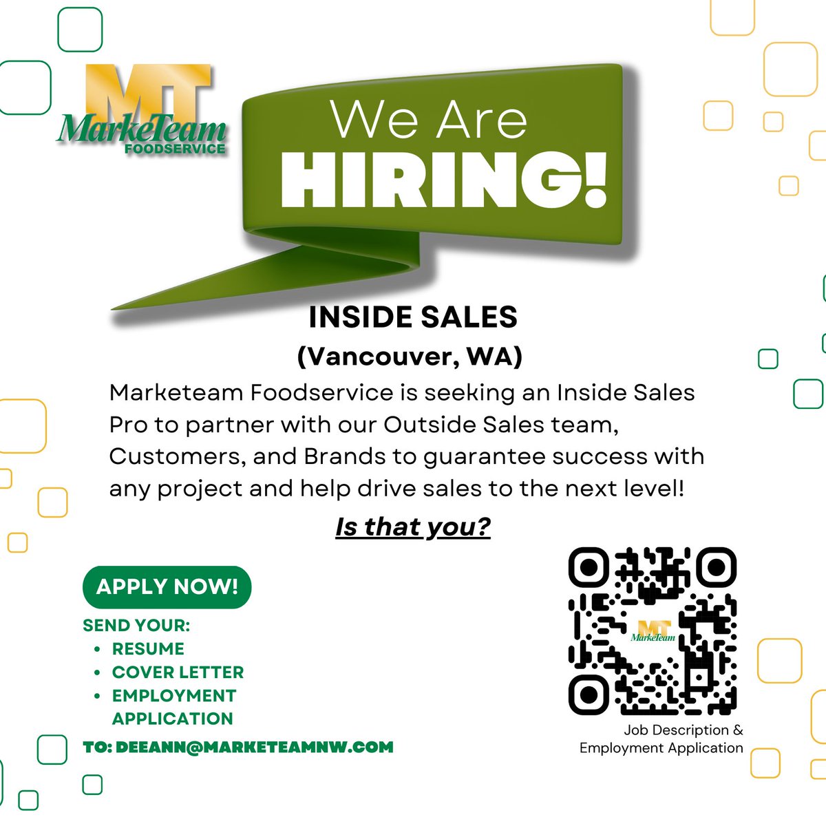 📣 We're seeking an Inside Sales Pro to guarantee success with projects and help drive sales to the next level! Is that you? Scan the QR code or use the link🔗in our bio for more details! 
#hiring #jobopening #VancouverWA #MTFS #job #jobalert
