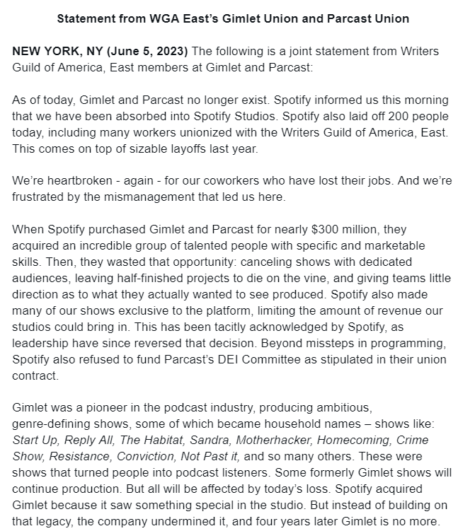 ParcastUnion's tweet image. A statement from us and @GimletUnion. The full text is threaded below. 🧵