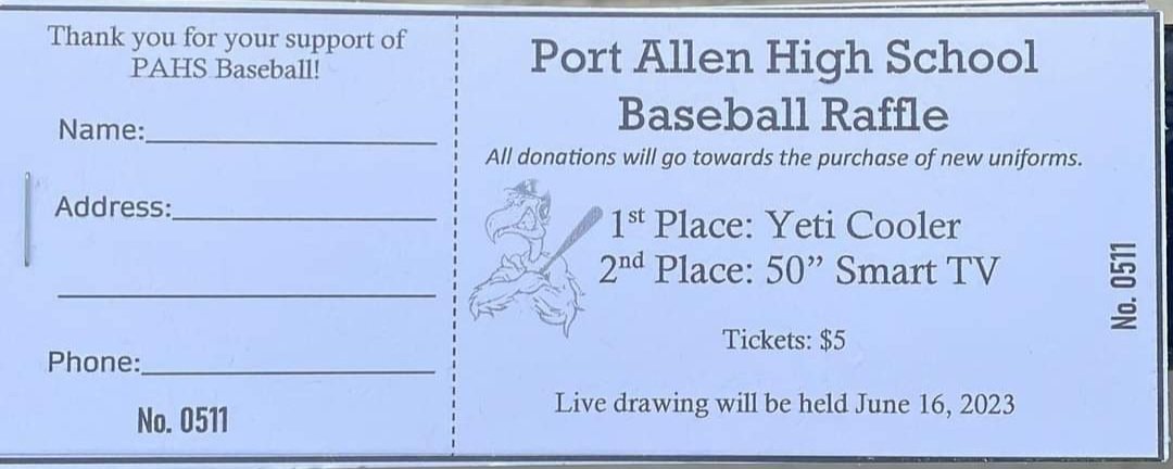 Support Port Allen Baseball Team.  We are having a $5 Summer Raffle.  1st Place: Yeti Cooler and 2nd Place: 50' Smart TV.  All donations will go towards uniforms and Baseball equipment.  Thanks in Advance for your Support. 
#GoPels
#PortAllenBaseball