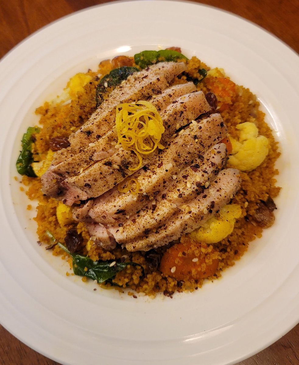 Za'tar Chicken over Moroccan Couscous 

Call me Scheherazade of your kitchen 💃 and I'll be your 1001 Nights of Sexy Stories.

#Cooking 
#chefskiss 
#Kitchenlife 
#PersonalChef