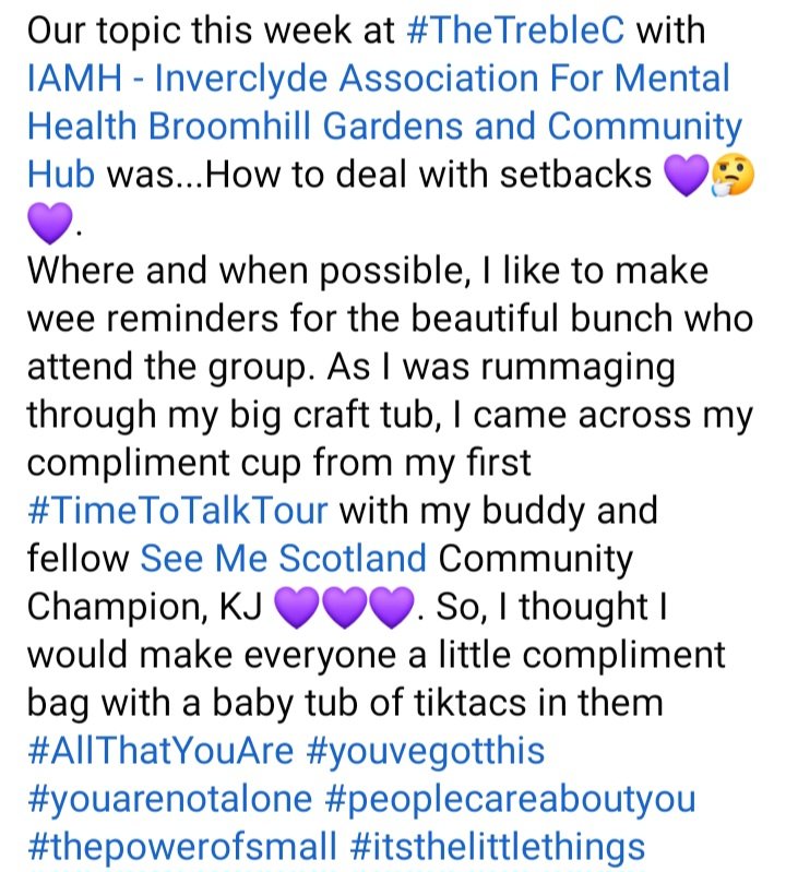 Suzie Baines (@suzieyma) on Twitter photo Our topic this week at #TheTrebleC with <a href="/ForInverclyde/">Inverclyde Association for Mental Health</a> at @CCFErin and <a href="/InWorkHub/">Broomhill Gardens and Community Hub</a> was...How to deal with setbacks 💜🤔💜 #AllThatYouAre #youvegotthis #youarenotalone #peoplecareaboutyou #thepowerofsmall #itsthelittlethings Our topic this week at #TheTrebleC with <a href="/ForInverclyde/">Inverclyde Association for Mental Health</a> at @CCFErin and <a href="/InWorkHub/">Broomhill Gardens and Community Hub</a> was...How to deal with setbacks 💜🤔💜 #AllThatYouAre #youvegotthis #youarenotalone #peoplecareaboutyou #thepowerofsmall #itsthelittlethings