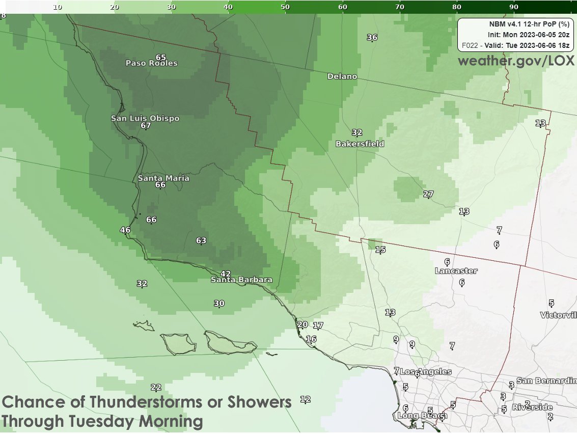 Thunderstorm activity will increase tonight, with #SanLuisObispo and northern #SantaBarbara Counties likely to be the most active. Stay weather aware neighbors. #cawx #larain