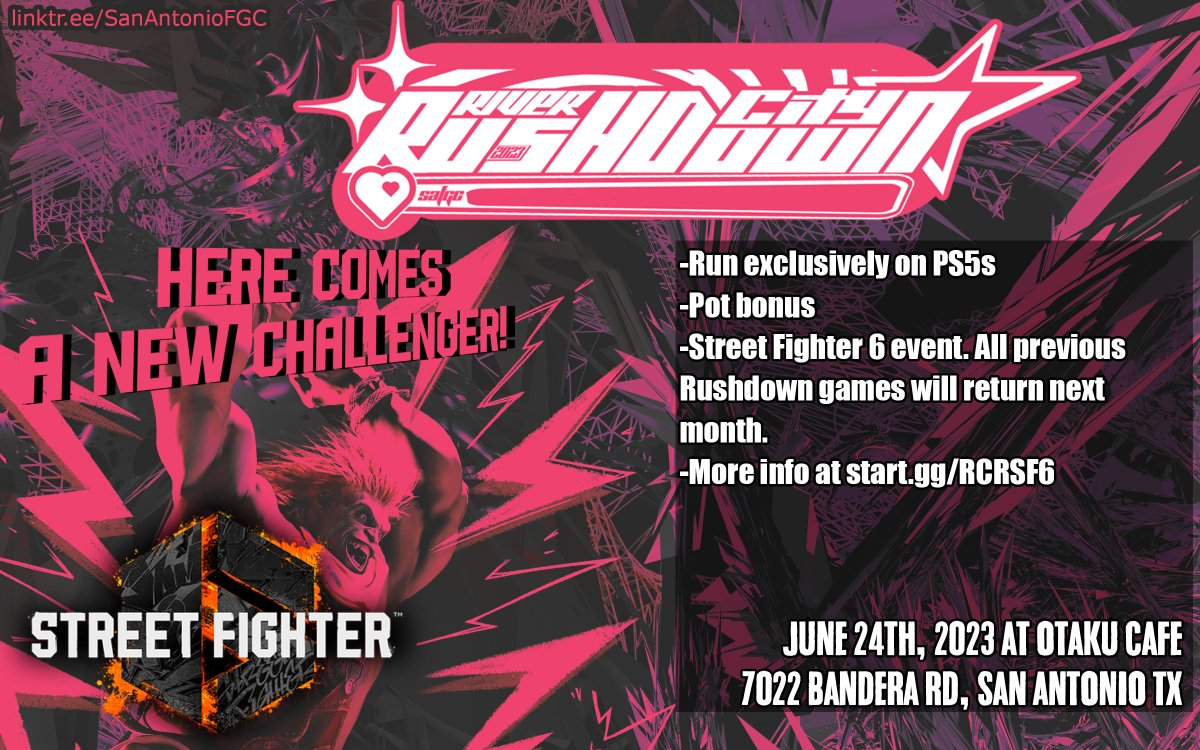 San Antonio's big monthly is ready to fire. The hype monster that is SF6 takes over entirely on June 24th as we make sure we have enough space and consoles to comfortably run the new FGC juggernaut. 

Pot bonuses and other surprises TBA ASAP

Register now:
start.gg/tournament/riv…
