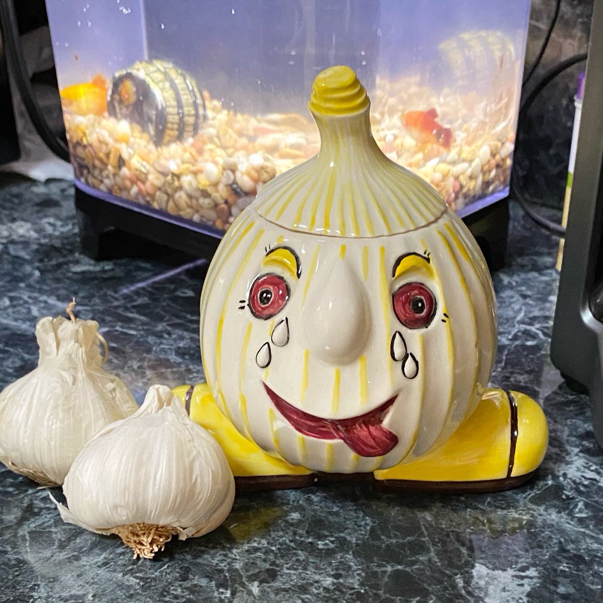 Onion or garlic? The lovely lady I purchased him from corrected me when I called him an onion.
Thoughts? etsy.com/listing/148448… 🧅 👀🧄 
#vintagekitchen #vintagekitsch #etsyfinds #etsyvintage #anthropomorphic #1970skitchen #kitchendecor #kitchenorganization #garlicman #onionman