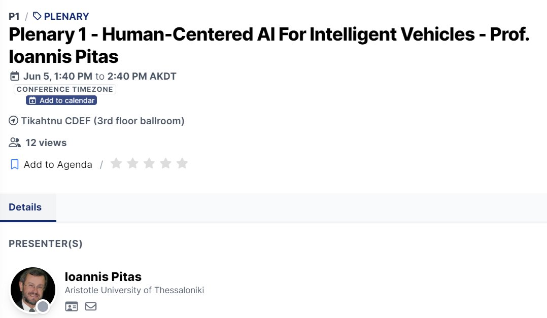 Welcome to Day 2 of IEEE IV 2023! The first day of the technical program begins TODAY! Be sure to catch our first Plenary Talk by Ioannis Pitas entitled "Human-Centered AI For Intelligent Vehicles" @ 1:40 pm.

<a href="/itssieee/">IEEE Intelligent Transportation Systems Society</a> 

#intelligentvehicles #IEEEIV2023