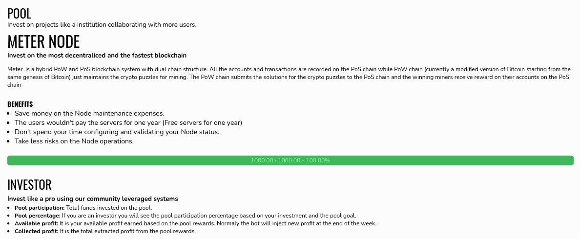 We recently launched our first investment pool on the Meter network, harnessing the power of Meter nodes with the support of Meter builder, BusinessBuildersNFTs. The initial pool for internal investors is already proving successful, generating over 7 MTRG in just 11 days with a