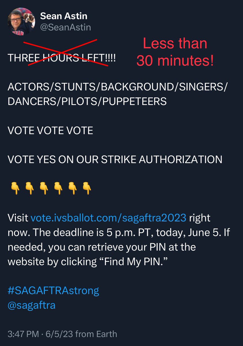 Last minutes, please go vote yes. 
#SAGAFTRAmembers #SAGAFTRAstrong #WritersStrike