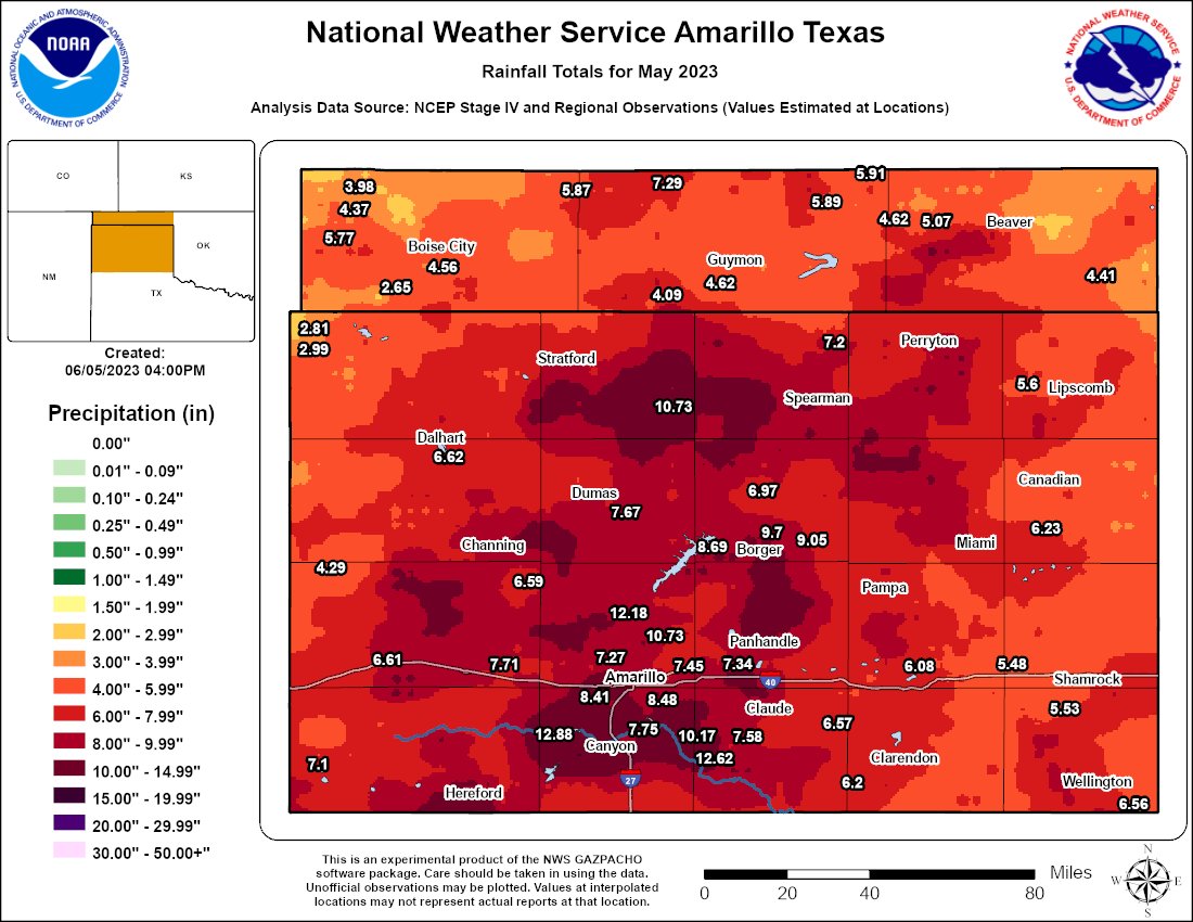 Monthly rainfall total for May over the Panhandles