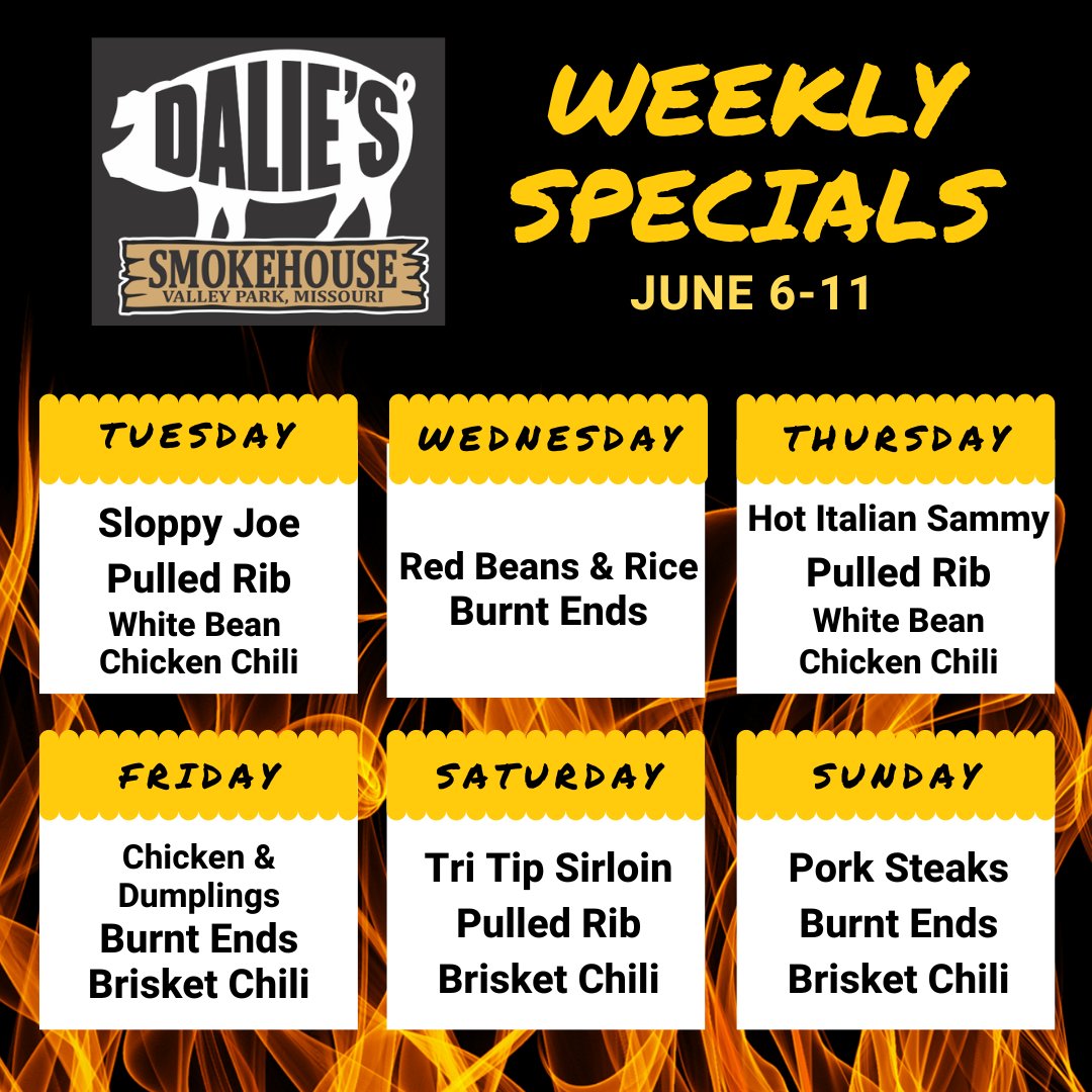 🚨WEEKLY SPECIALS 

🗓 JUNE 6-11, 2023

Which days are you lookin' forward to? Let us know in the comments below ⤵️

#daliessmokehouse #valleypark #kirkwood #bbq #smokedmeats #stlbbq #stlouisgram #stleats #eatlocal #foodie #explorestlouis #catering #cateringservices