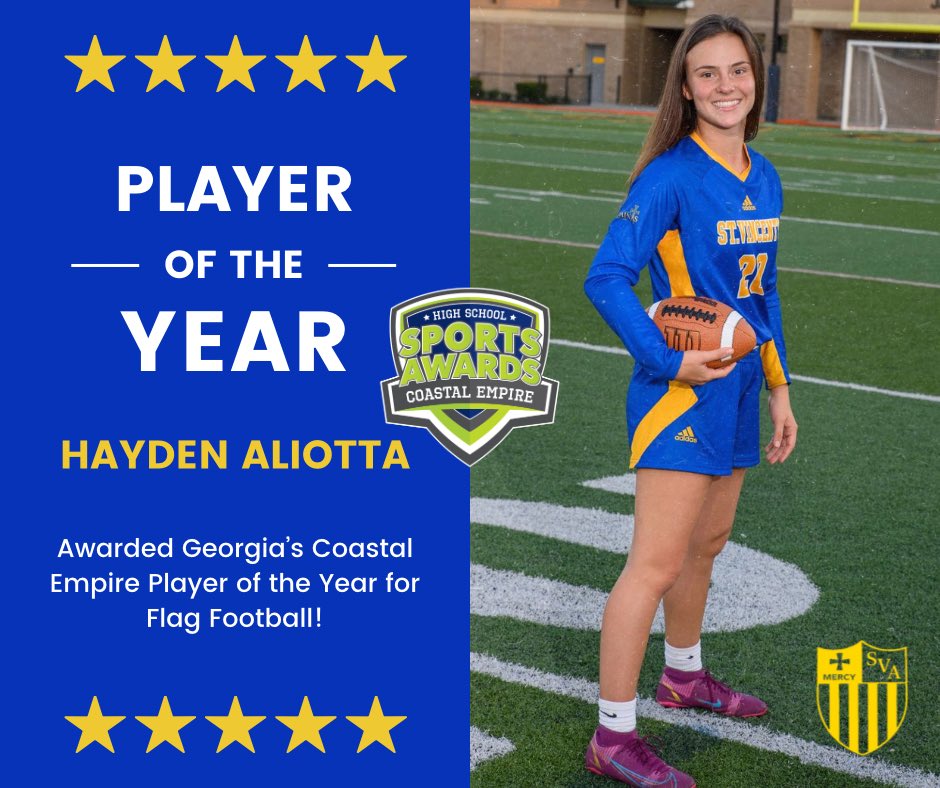 Congratulations to Hayden Aliotta! Player of the Year in Flag Football for the Savannah Morning News Coastal Empire High School Sports Awards!! 

Go Saints!

#svaathletics #stvincentsacademy #GoSaints #svahey #womenwholead #flagfootball

Photo Credit: Magnolia Manor Creations