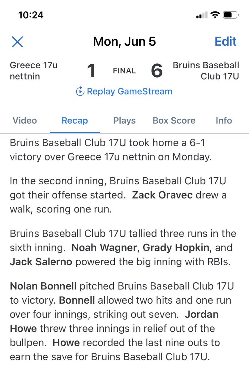Good team effort tonight.  

⁦<a href="/NolanBonnellRHP/">Nolan Bonnell</a>⁩ earns the Win pitching 4 innings, 0 ER, 7 KO.  Jordan howe recorded the final 9 out for the save.  ⁦<a href="/will_pecor12/">Will Pecor</a>⁩ lead the Bruins with 2 hits.  Bonnell, Wagner, Burge, Zielinski, Oravec and Snyder each added a hit