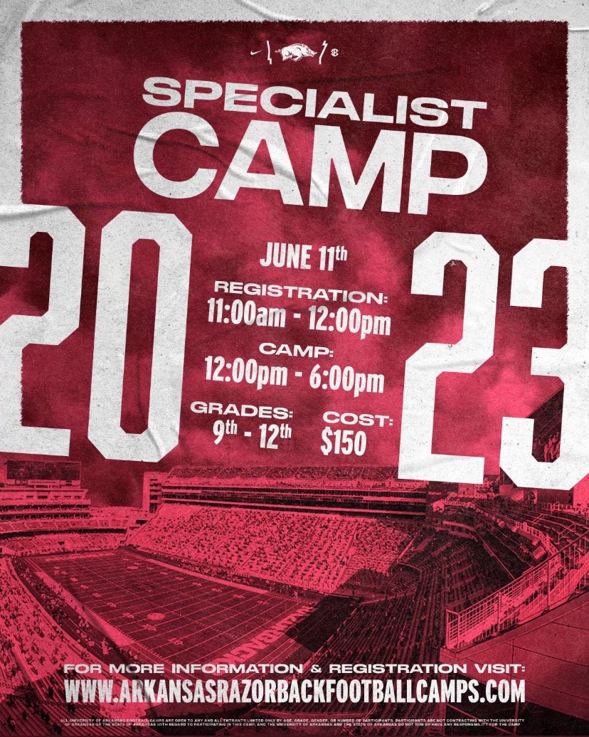 I will be attending the specialist camp @RazorbackFB on June 11. @PatriotRecruits @CoachSFountain @HT_Fountain @Kerolos48 @Bamasnap @jwindon35 @RecruitGeorgia @TheChrisRubio