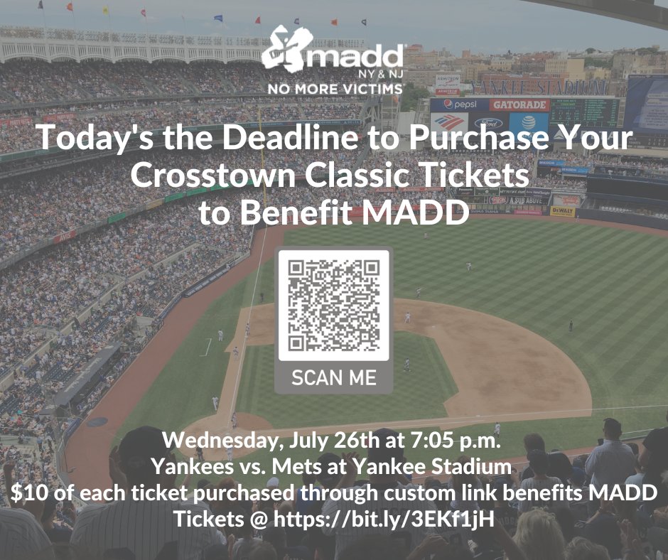 Today's the deadline to get your #SubwaySeries tickets to support MADD! Learn more & get your tickets today at https://t.co/ef1ih0zVMz. Need assistance? Contact Miranda at minzerelli@yankees.com & let her know you're with MADD. #Yankees #Mets #NoMoreVictims #RoadToProgress https://t.co/QBpktSxXWC