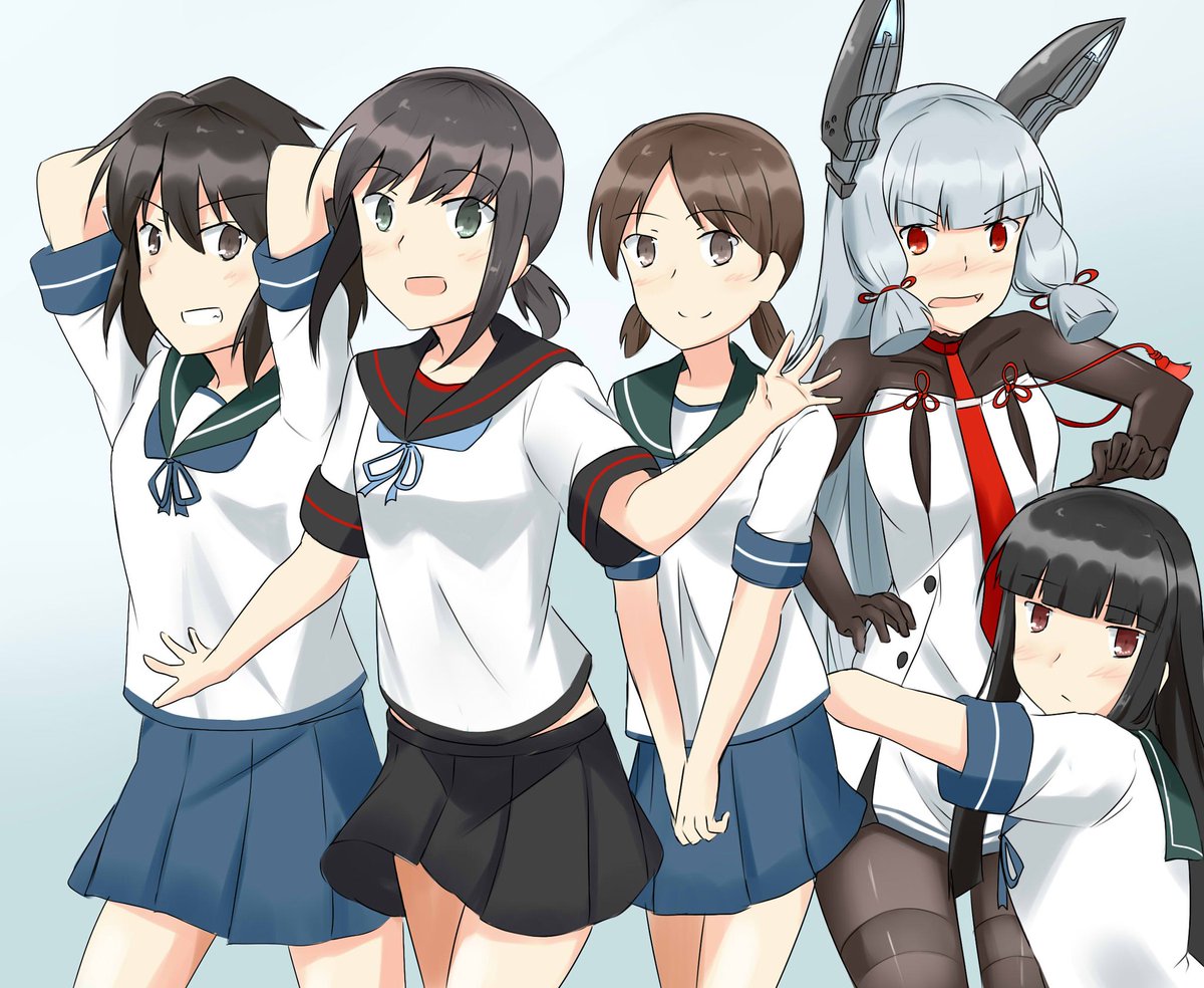 fubuki (kancolle) ,hatsuyuki (kancolle) ,miyuki (kancolle) ,murakumo (kancolle) ,shirayuki (kancolle) multiple girls school uniform serafuku black hair skirt long hair pleated skirt  illustration images