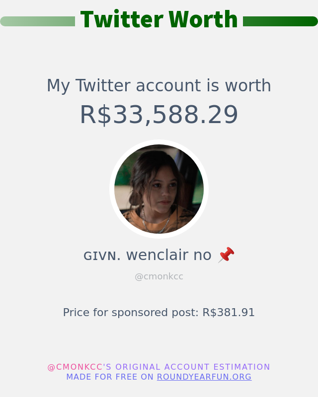 Meu valor no Twitter é: R$33,588.29

➡️ anyplacehere.me/twitterworth