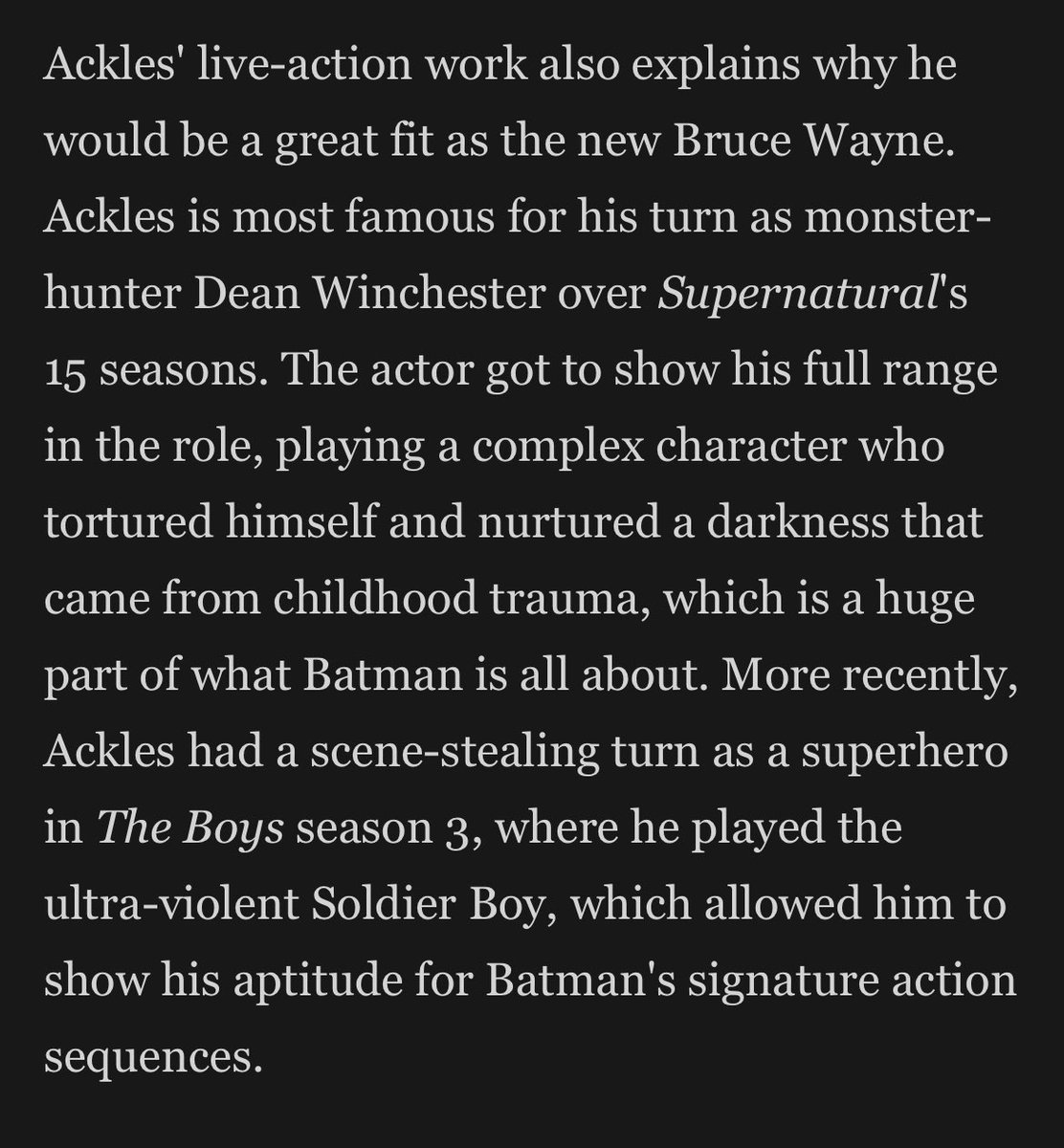 JensenAcklesPL's tweet photo. 🔸 • @JensenAckles made a list of 7 actors that are among top fan choices  to be in @JamesGunn's new DC Universe. 
#batman #spnfamily #jensenackles https://t.co/obU2WHr3jA