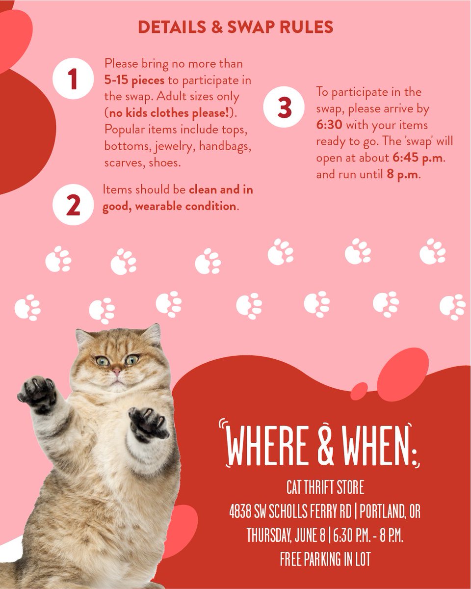 🎉 Join us this Thursday, June 8th at Cat Thrift Store for a Clothing Swap to celebrate the 25th Anniversary of @CatAdopt ! 🐾⁠ ⁠ 👗 Bring your gently worn clothes to swap and discover new treasures while supporting a fantastic cause! #CatsOfTwitter #Portland #thrifting