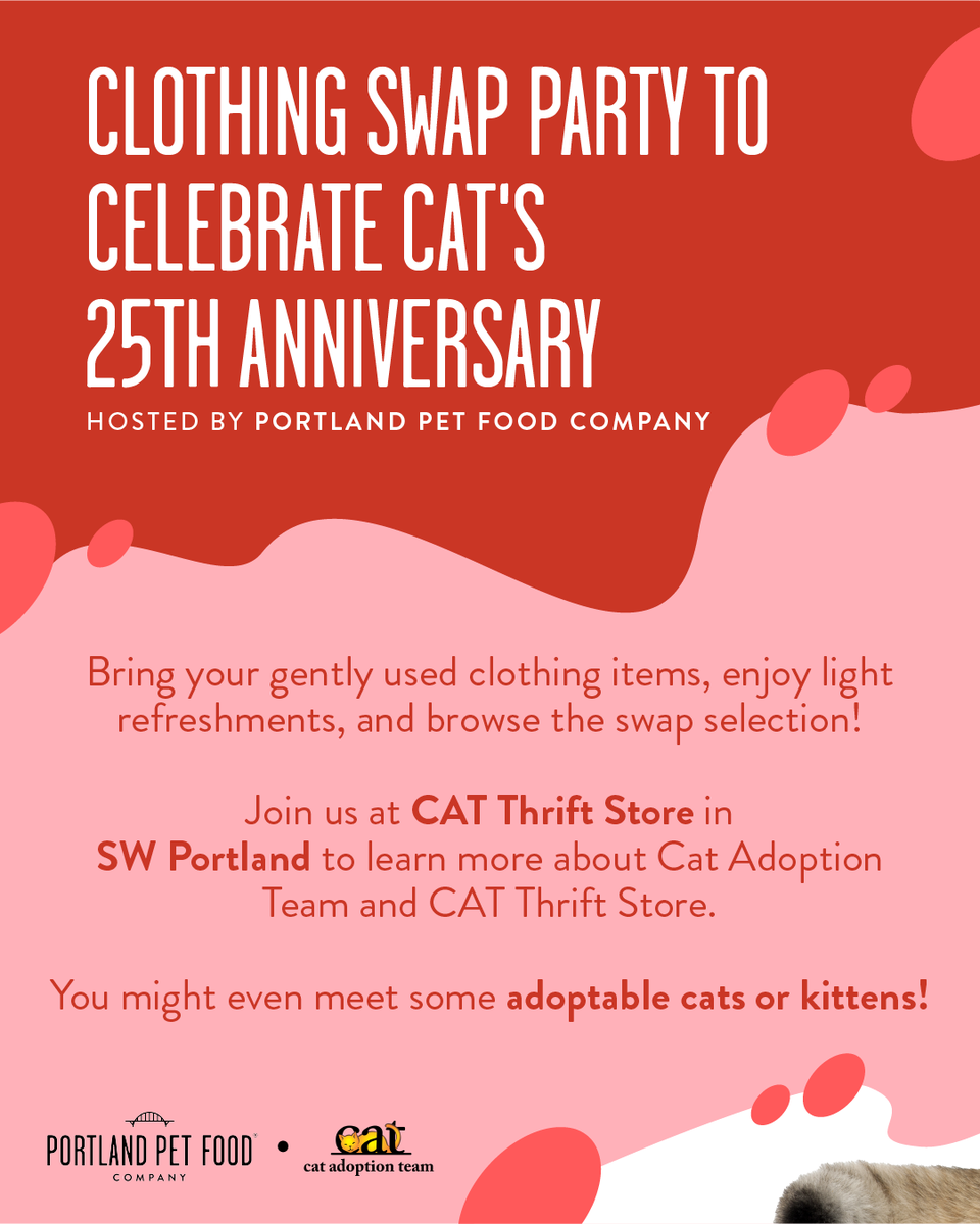 PortlandPetFood's tweet photo. 🎉 Join us this Thursday, June 8th at Cat Thrift Store for a Clothing Swap to celebrate the 25th Anniversary of @CatAdopt  ! 🐾⁠
⁠
👗 Bring your gently worn clothes to swap and discover new treasures while supporting a fantastic cause!  #CatsOfTwitter #Portland #thrifting https://t.co/5UEEJ79lnE