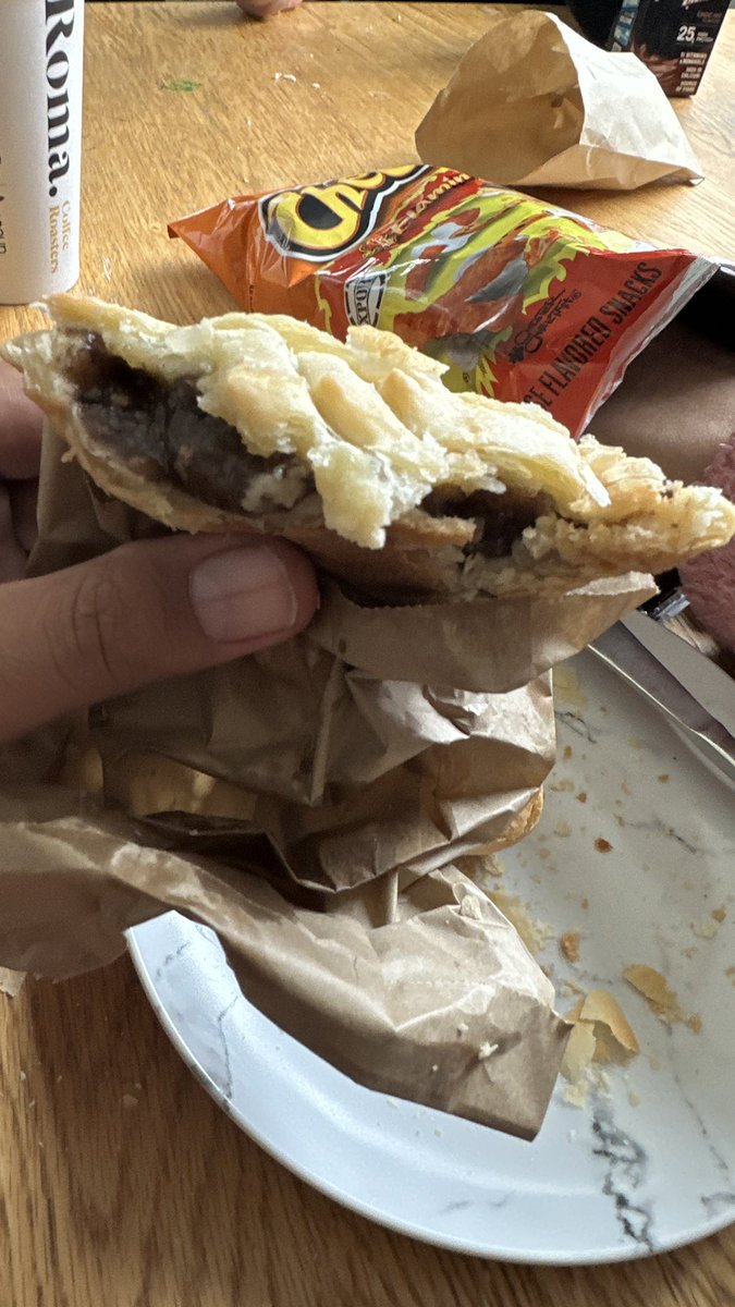 Steak and cheese pie with buttered French stick and Flamin’ hot Cheetos 🔥 #ThankMeLater