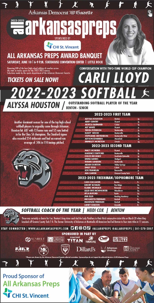 Join us at the All Arkansas Preps Banquet on Saturday, as we celebrate the incredible accomplishments of more than 400 Arkansas athletes and coaches. Plus don't miss this once-in-a-lifetime opportunity to experience Carli Lloyd!
Tickets: 2023preps.eventbrite.com