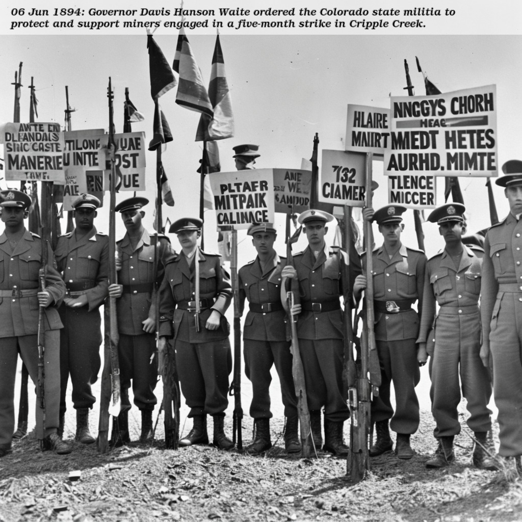 06 Jun 1894: Governor Davis Hanson Waite ordered the Colorado state militia to protect and support miners engaged in a five-month strike in Cripple Creek. 

#ColoradoMiningStrike
#MilitaryIntervention