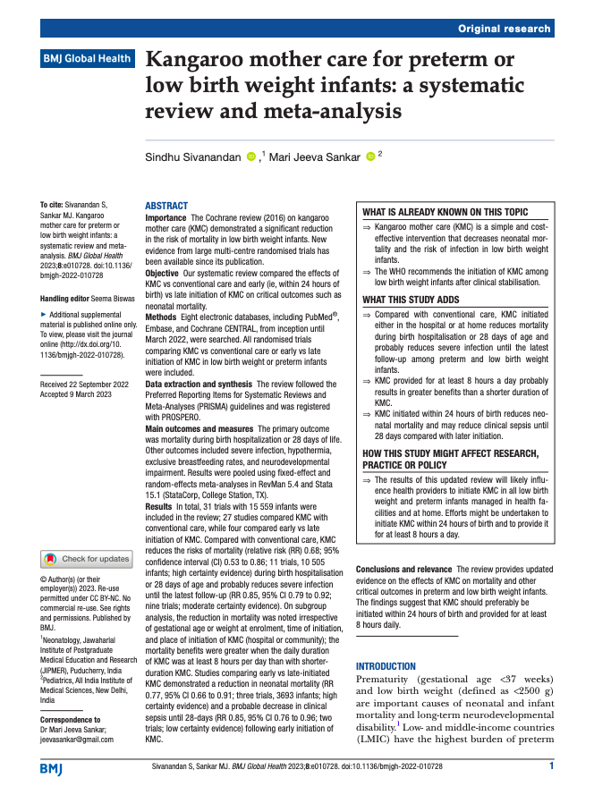 Close contact intervention between a mother and her premature baby may reduce risk of mortality by almost a third

📣 New Research ➡️  globalhealth.bmj.com/lookup/doi/10.…
