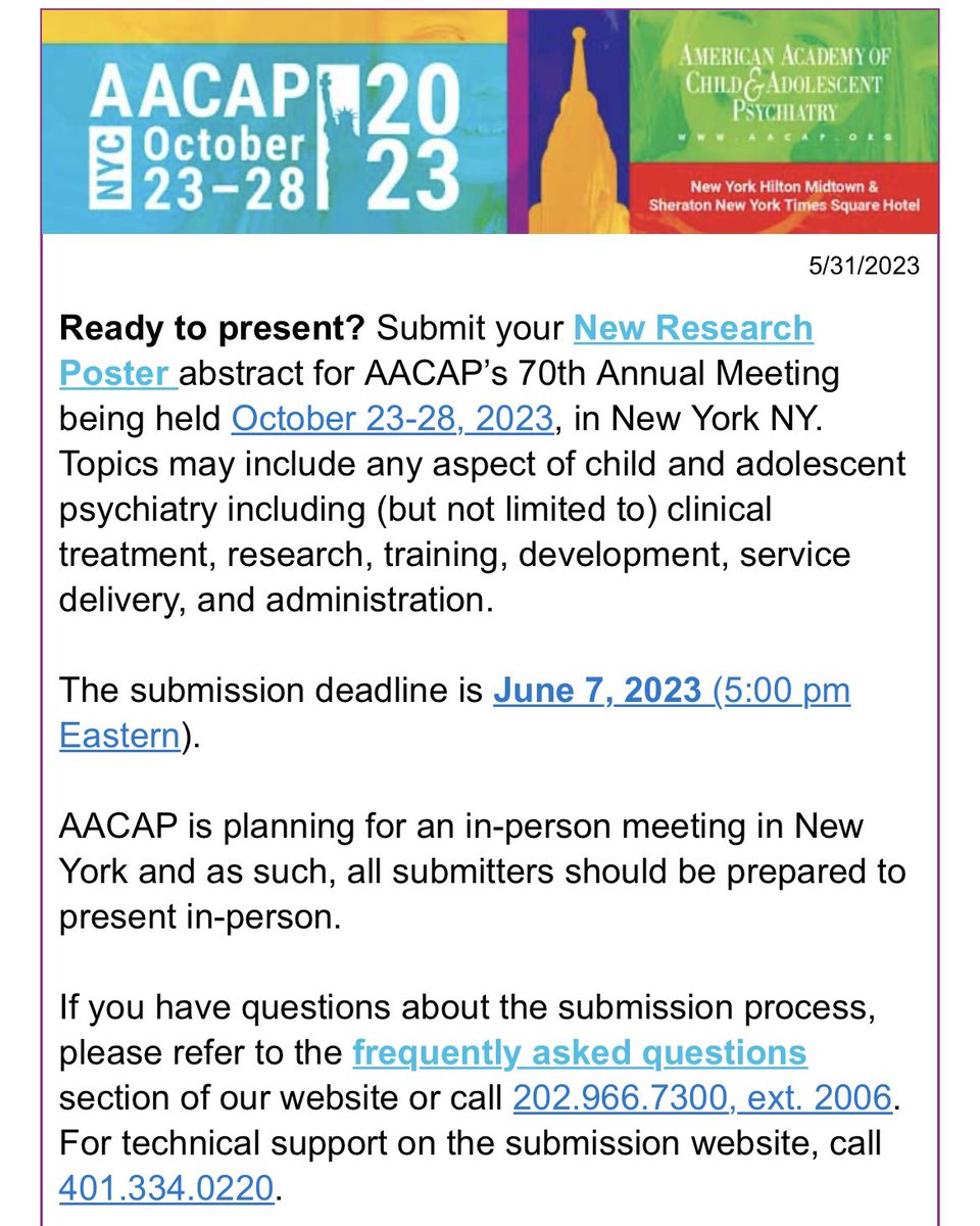 2 more days to submit! @AACAP #AACAPAM23 #PsychTwitter #Children #MentalHealthMatters aacap.confex.com/aacap3/2023/nr… @PsychSIGN @PsychResChat @BlackPsychiatry @LatinxInPsych @CAP_Asian @WorldTrainees @IACAPAP @EFPTrainees @ecps_wpa @acamh