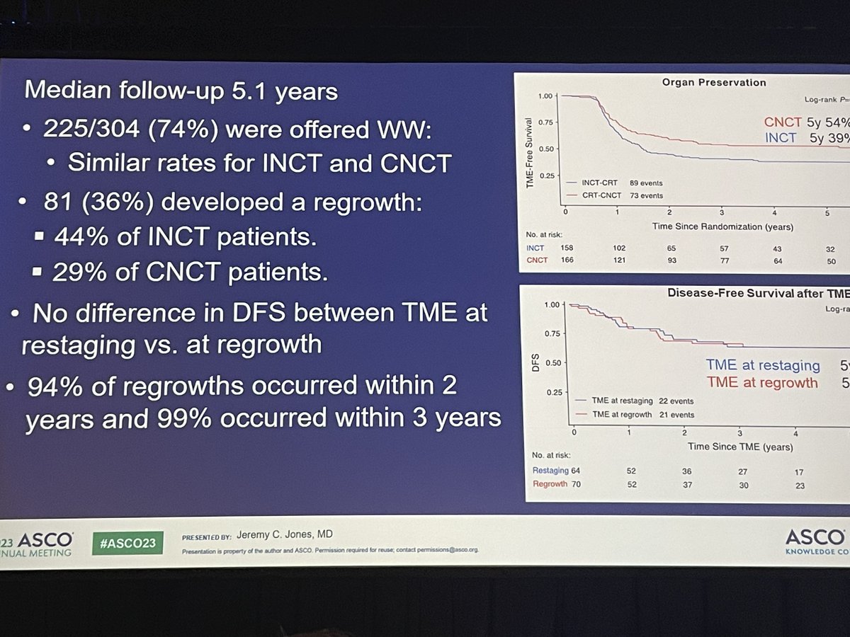 Congrats to all of the OPRA investigators and @DrGarciaAguilar - 5-year data presented today by Floris Verheij @MSKCancerCenter ; LCRT --> FOLFOX: higher rates of organ preservation, lower rates of local regrowth AND no decrement in oncologic outcomes @ASCO; #ASCO23 @ASCRS_1