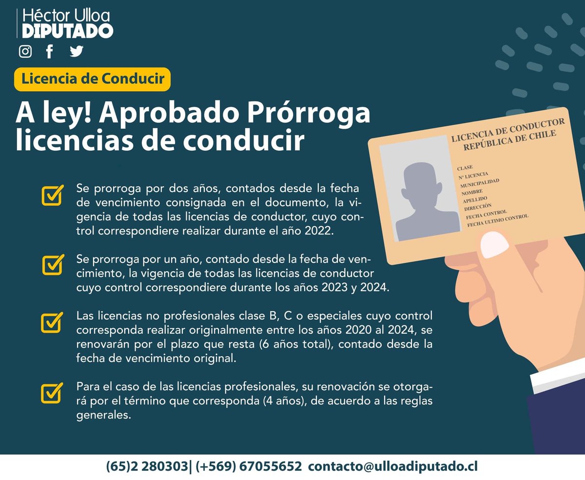 hector_ulloaa's tweet photo. A Ley! El proyecto que habilita una prórroga progresiva en la #renovación de las #LicenciasdeConducir, considerando la alta demanda que están enfrentando los #Municipios. https://t.co/cRoaCmB82D