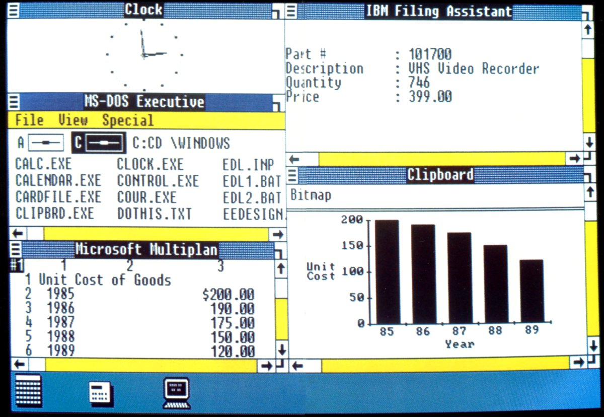 LinusTech's tweet photo. Did you know the first-ever version of Windows didn't even support visually overlapping your different programs? 

Instead, you could only tile them - but this functionality was fortunately added in 1987's Windows 2.0. https://t.co/GiM939lsdE