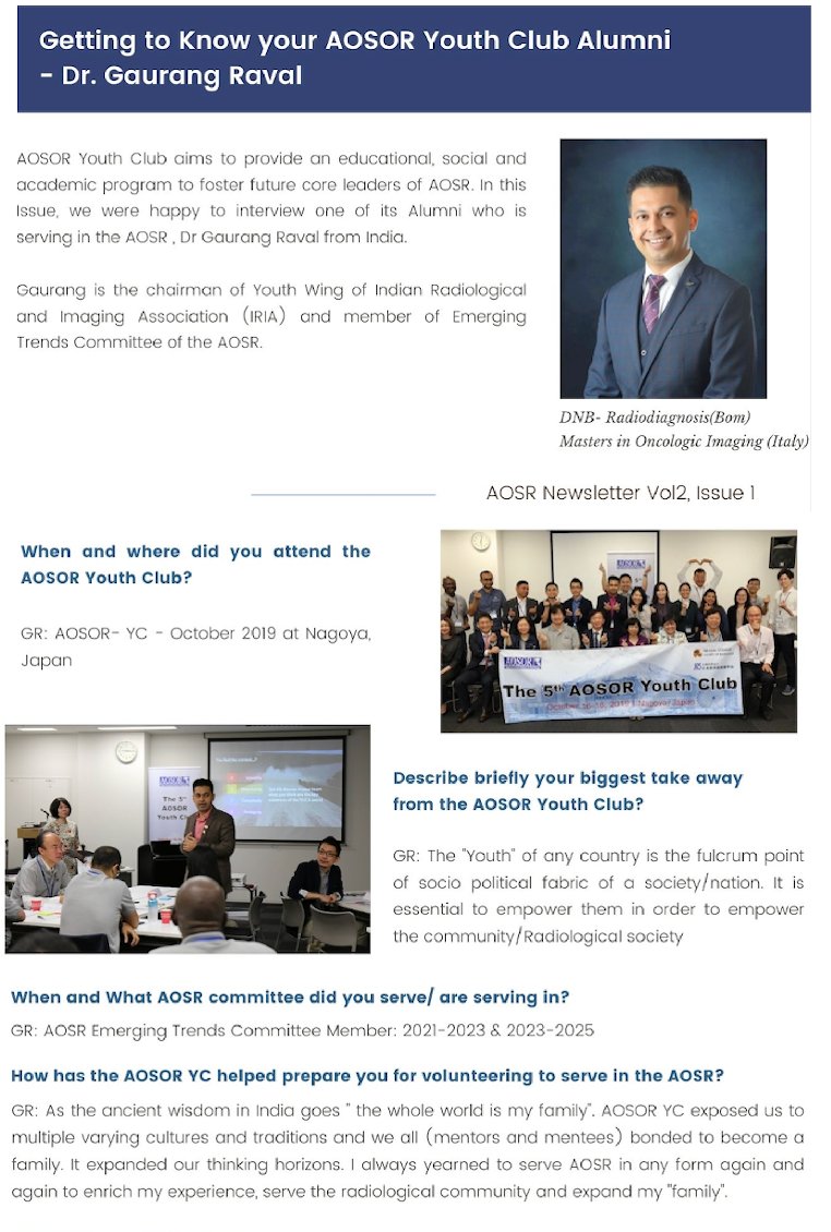 evelmho's tweet photo. In the Asian Oceanian Society of Radiology June 2023 Newsletter, an alumnus of the Asian Oceanian Sch of Radiology Youth Club is featured. Find out more. Download the whole newsletter at: https://t.co/vHrfijsa9Y
#aosr #emergingtrends @drgaurangraval https://t.co/BFjFKH06ZG
