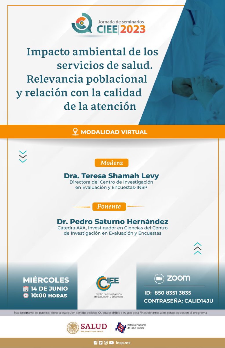 arturoled10's tweet photo. Jornada de Seminarios CIEE 2023 del @inspmx impartida por el Dr. Saturno #CalidadDeLaAtenciónClínica 🥼 #OneHealth 🌍#OneQuality 🌎 #GlobalHealth 🌏@tshamah1 @SaludPublicaMx 🇲🇽 https://t.co/v8YGFpXdfa