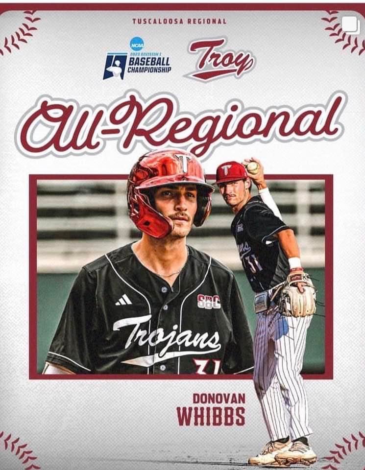 Congrats to 2018 grad Donovan Whibbs <a href="/Dwhib21/">Donovan Whibbs</a> who closed out his college career by being named to the Tuscaloosa All-Regional Team while playing for the Troy Trojans <a href="/TroyTrojansBSB/">Troy Baseball ⚔️</a>. Donovan hit .400 in their three games including a double and two stolen bases.
