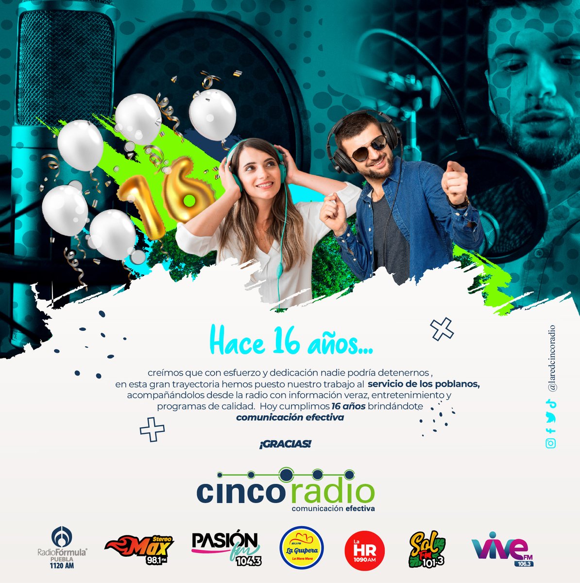 Vivefm106_3's tweet photo. #CincoRadio ||Todo comienzo tiene un propósito y nuestro único objetivo durante todos estos años es mantenerte comunicado a través de la radio. Gracias por ser parte de este camino ¡Hoy festejamos #16Años juntos! #LaGrupera893 #PasionFM #SolFM #Vive1063 #StereoMax #LaHR #Tehuacan https://t.co/xE4EWR9Wh1
