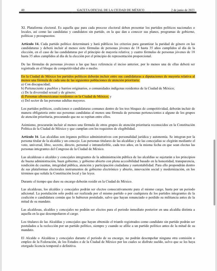 IndaliPardilloC's tweet photo. El viernes pasado se publicó en la #GOCDMX la reforma en materia electoral para la CDMX en donde se eleva a rango de ley  la obligación de los #PPLocales a postular una candidatura para personas #Afrodescendientes, un gran avance en cuestión de representación! https://t.co/tlum6MTxG4