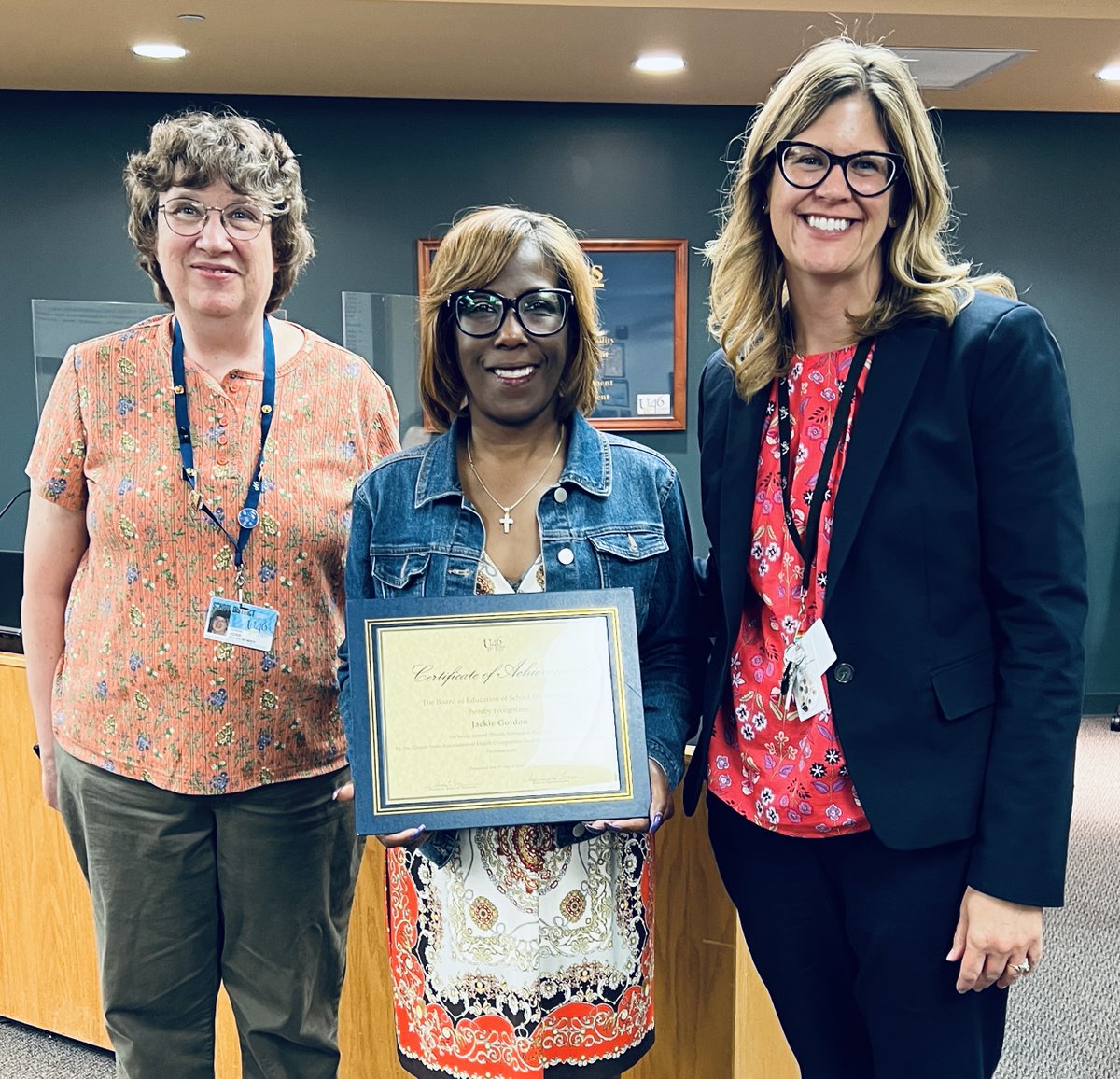 sdu46's tweet photo. U-46 Board of Education honored Streamwood High teacher Jackie Gordon for being named the Illinois Advisor of the Year by the state association HOSA-Future Health Professionals. Congratulations, Jackie! #WeAreU46 #SabrePride #U46Proud #U46EducationalPathways https://t.co/5Wz0sTPg2m