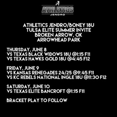 Come and see us in Tulsa this weekend!! <a href="/AthleticsBoney/">Athletics Jendro/Boney 18u</a>