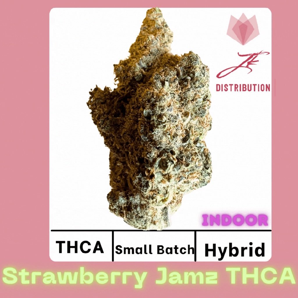 @JKDistroCali Strawberry Jamz added to the menu🍃🍃 this strain is known for its fruity aroma and taste It is a cross between Lemonchello and Medellin, resulting in a well-balanced hybrid🔥🔥with both indica and sativa effects!! #Mmemberville #420fam #THCA #Hemp