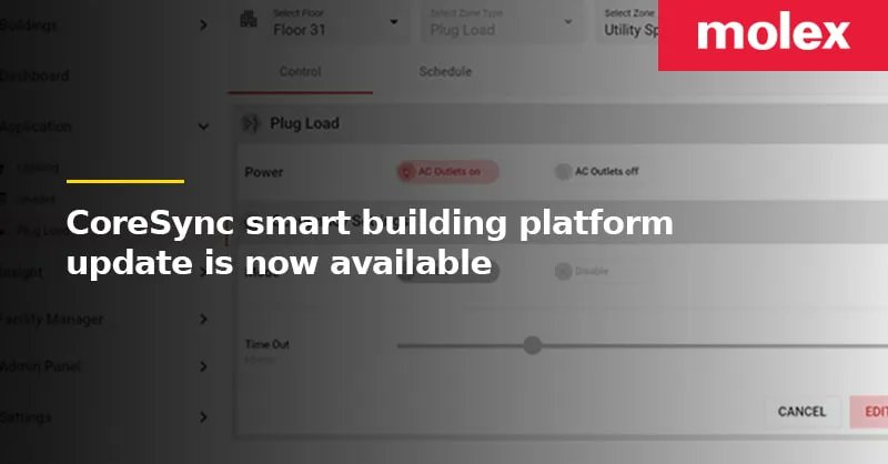 MolexCES's tweet image. The CoreSync smart building platform has been updated to include new applications for window shades and plug loads, and improved commissioning and faultfinding functionality. Read more buff.ly/3ov6pZq #coresync #smartbuildings