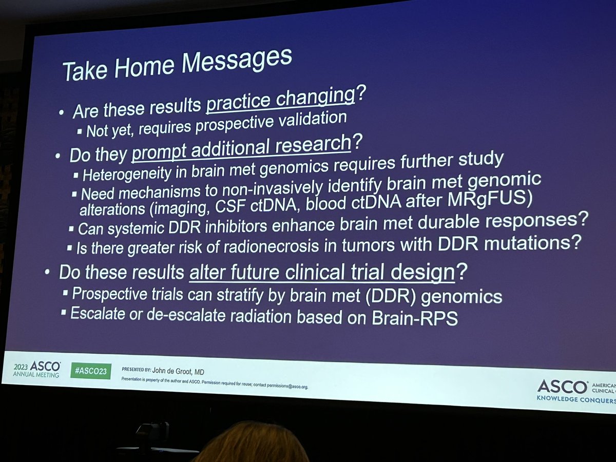 Congrats to @NayanLamba on a fantastic oral presentation on her study of genomic alterations associated w brain met response to radiotherapy. Findings could help identify patients who benefit most from radiation. Thx to @ConquerCancerFd YIA for supporting Nayan this year #asco23