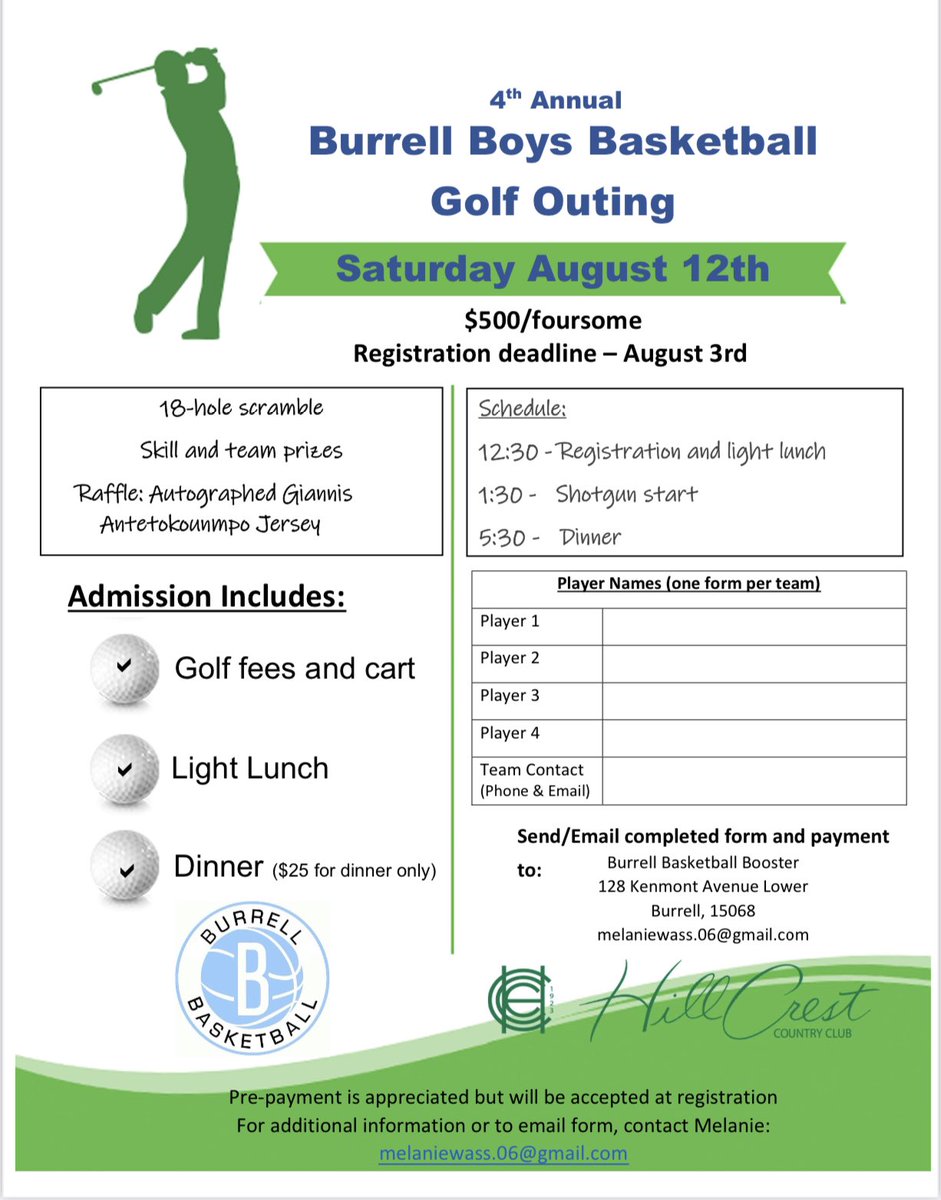 Burrell basketball outing coming up in August.  Message if you want a 4some or to sponsor a hole.