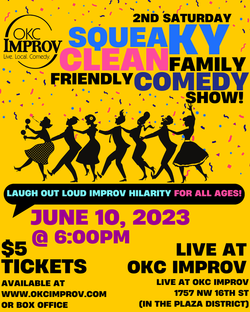 okcimprov's tweet photo. OKC Improv is offering fun for the WHOLE family! We've got our Squeaky Clean Family Friendly Comedy show that'll keep everyone laughing from Grandparents to kids! Reserve tickets today at https://t.co/ijN9S54CfC! #SqueakyCleanComedy #FamilyNight #PlazaProv https://t.co/3isfzBhkmi