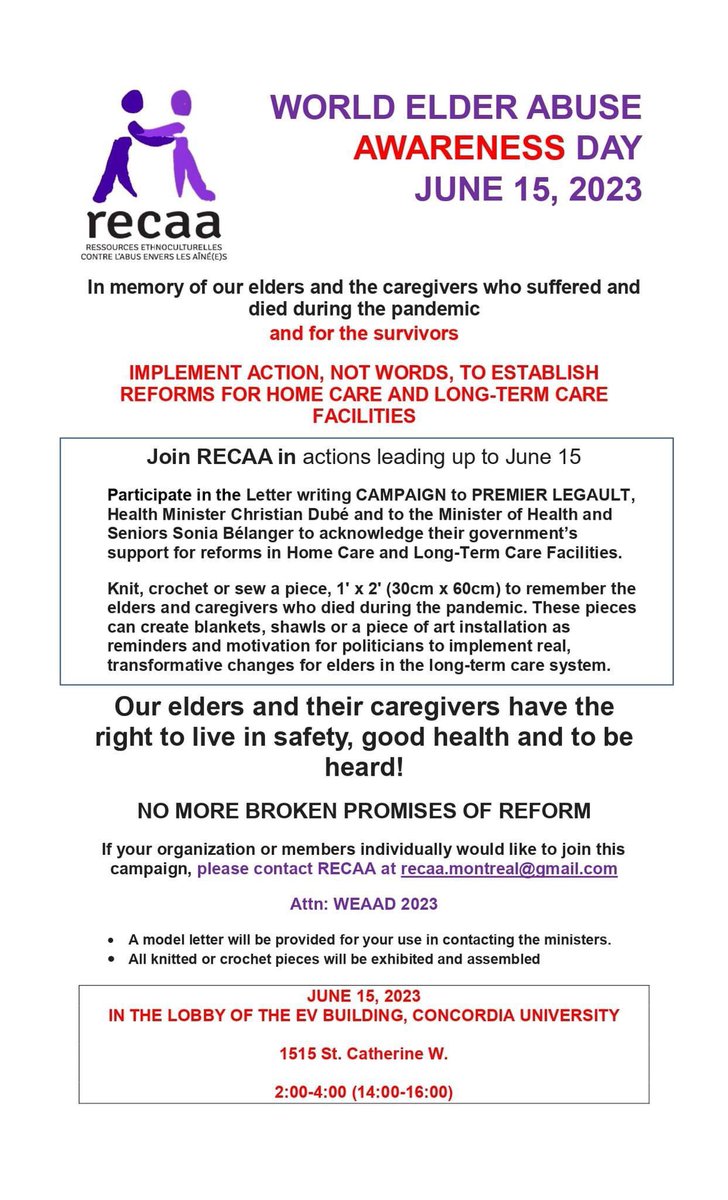 June 15th 2023 is World Elder Abuse Awareness Day. Join RECAA’s letter writing and knitting campaign to demand concrete reforms to Quebec's long-term care system!

#WorldElderAbuseAwarenessDay