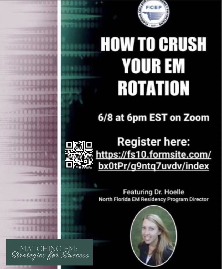 Join us for FCEP MC's second session of our new series #MatchingEM, titled 'How to Crush Your EM Rotation!' This Thursday, June 8th at 6pm EST. Register here: fs10.formsite.com/bx0tPr/g9ntq7u… #MedTwitter #embound #emra #fcep #emig #acep @FCEP @northfloridaem