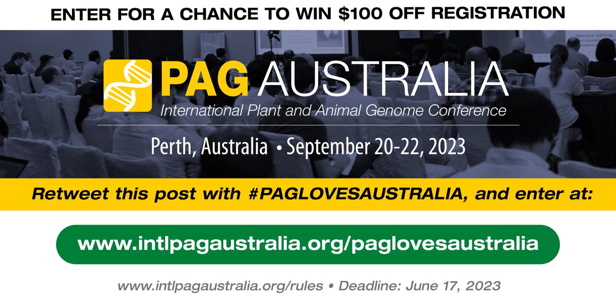 Enter for a chance to win $100 off registration to our first Plant and Animal Genome Conference in Australia #PAGAustralia, 20-22 Sept in Perth. Retweet this post with #PAGLOVESAUSTRALIA then submit your entry at: intlpagaustralia.org/paglovesaustra… Deadline is 17 June 2023.