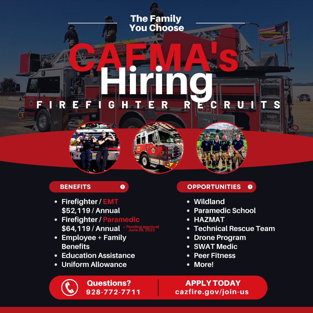 CAFMA's Hiring #Firefighter Recruits! Apply now - July 5th, 2023: bit.ly/JoinCAFMA-Fire…

We offer Firefighter I and II and HAZMAT in our Academy, so all you need it’s EMT, CPR, and CPAT! Questions? Tweet, message, or email hr@cazfire.gov! #JoinCAFMA #TheFamilyYouChoose #AZFire